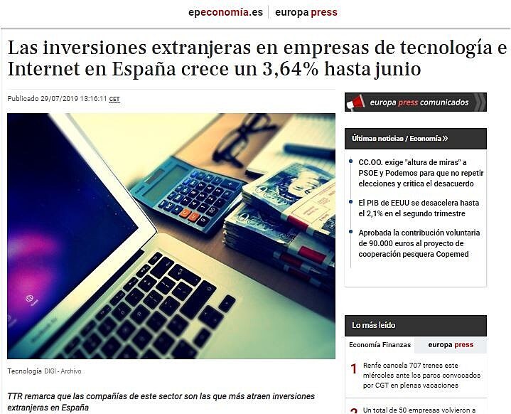 Las inversiones extranjeras en empresas de tecnologa e Internet en Espaa crece un 3,64% hasta junio